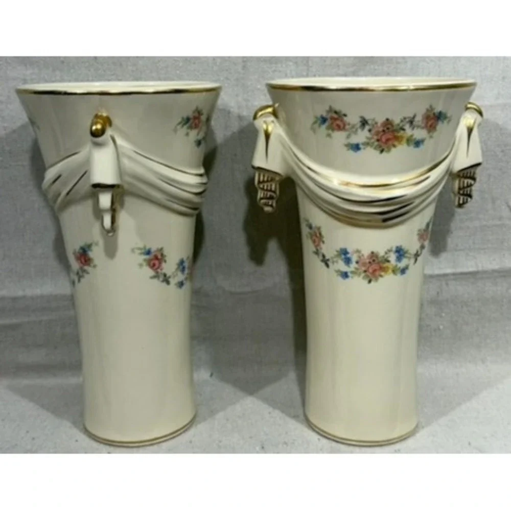 Vintage 1950s Floral Ceramic Mantel Vases Gold Gilt Draped Swag Pair P-133